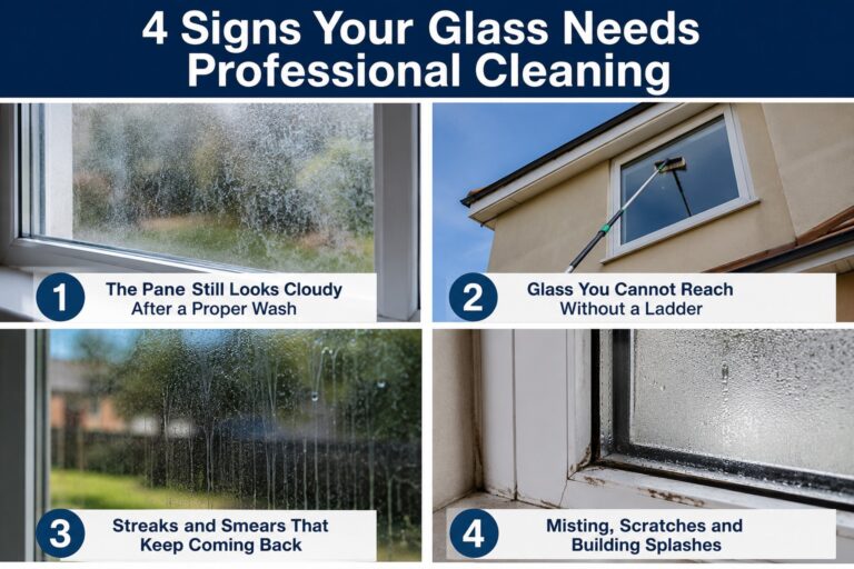 Infographic showing four signs your windows need professional cleaning: cloudy glass, hard-to-reach windows, recurring streaks and smears, and misting, scratches or building splashes.